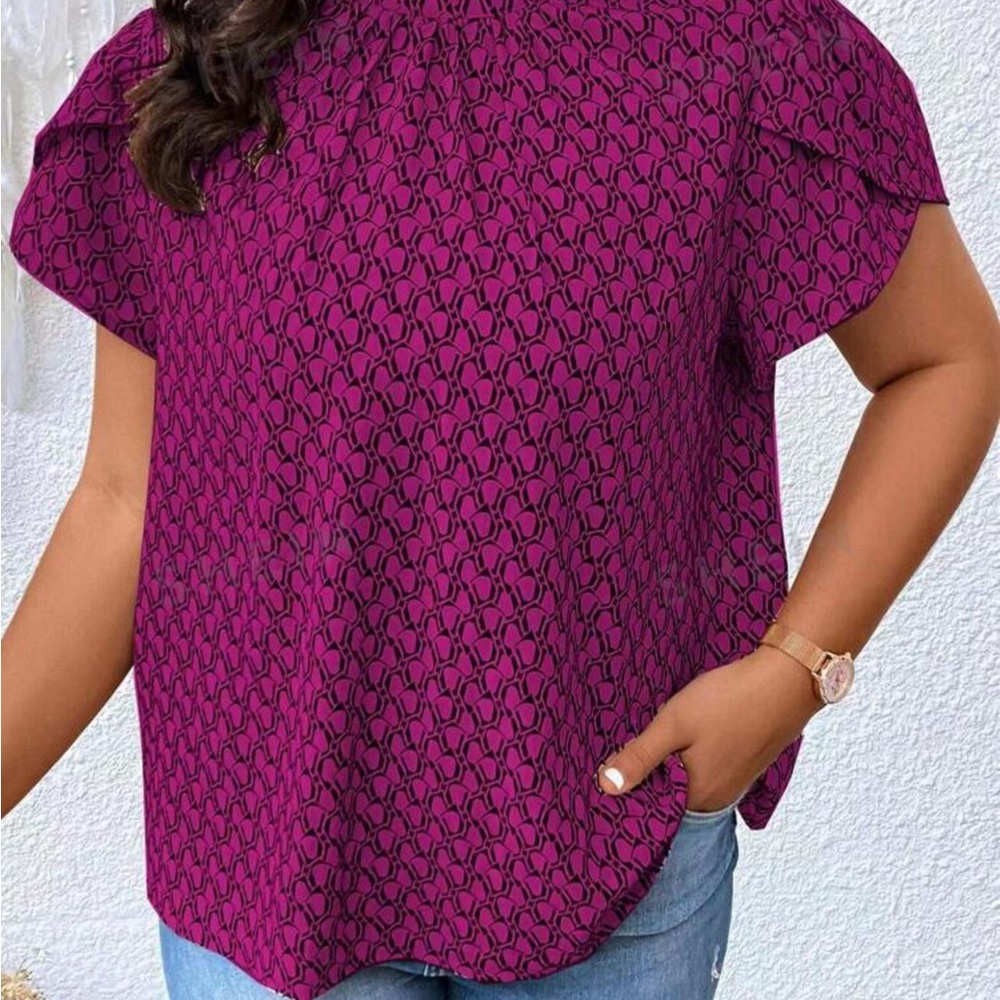 SHEIN Essence Curve Allover Print Petal Sleeve Frilled Neck Blouse